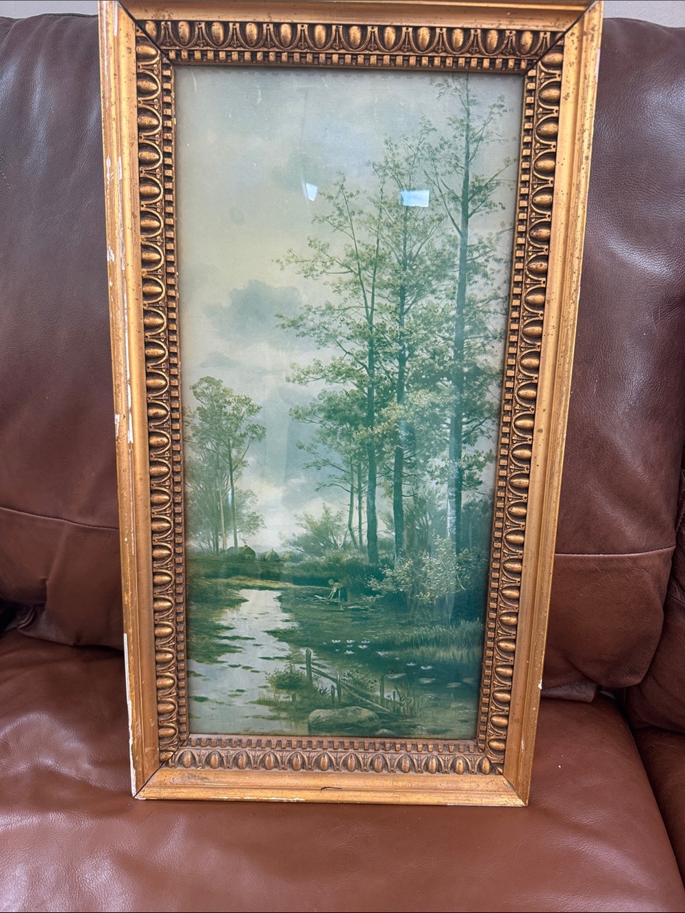 Vintage  BUBBLE GLASS Framed Green Landscape Print in original Gold Frame
